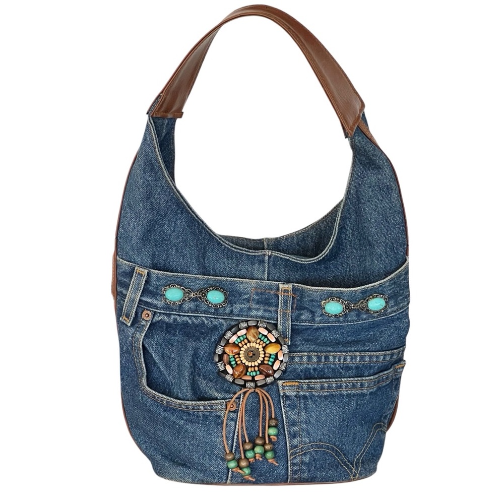 Upcycled Handmade Vintage Levi's Denim Jean Embellished Beaded Fringe Hobo Bag